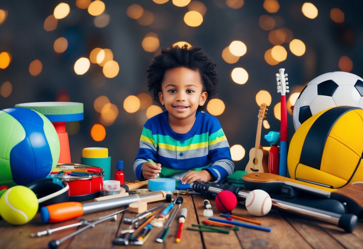 A child surrounded by various artistic tools, musical instruments, and sports equipment, showcasing their diverse talents and interests