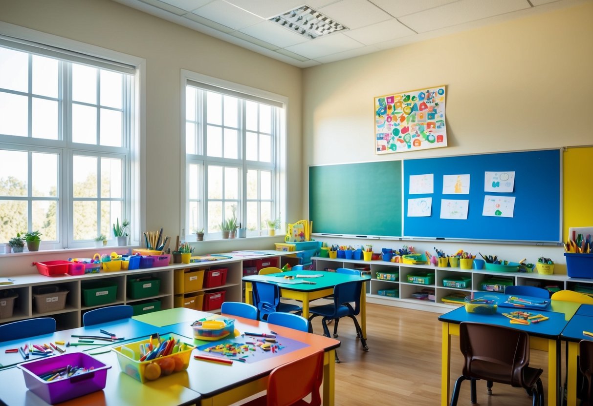 A colorful classroom with various art supplies scattered on tables. A child's drawing displayed proudly on the wall. Bright, natural light streaming in through large windows