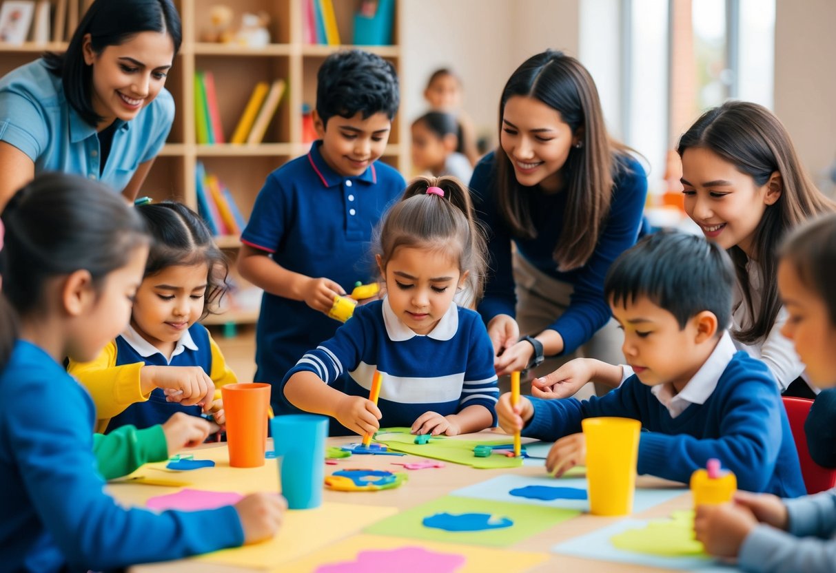 A group of children engage in various activities, from playing sports to creating art, under the guidance of attentive parents and teachers. The atmosphere is vibrant and supportive, fostering a sense of creativity and individual growth