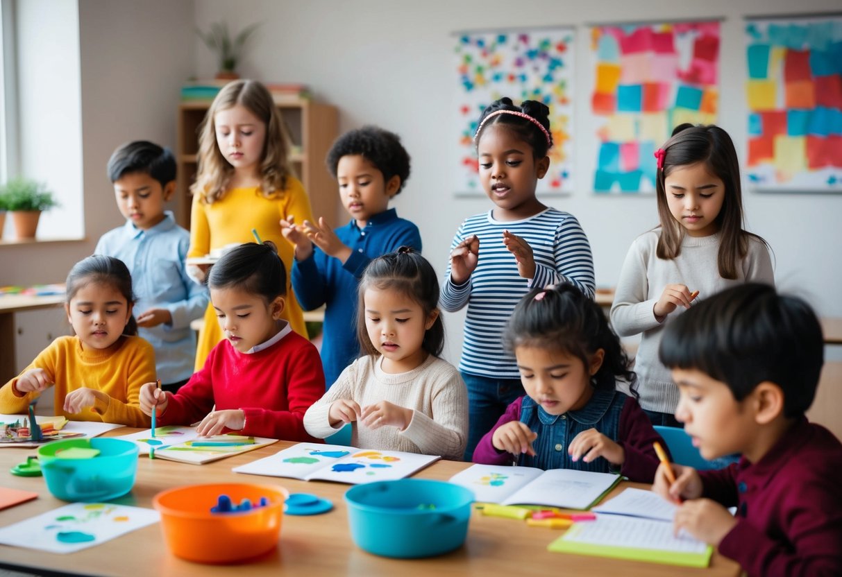 A group of children engaged in various activities, expressing their emotions and intellect through art, music, and play