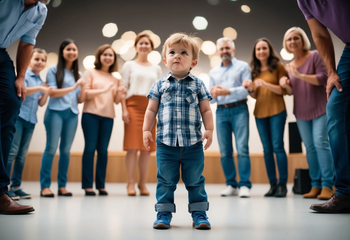 A child hesitantly stands before a stage, surrounded by a group of supportive parents. The child's nervous expression contrasts with the parents' encouraging smiles