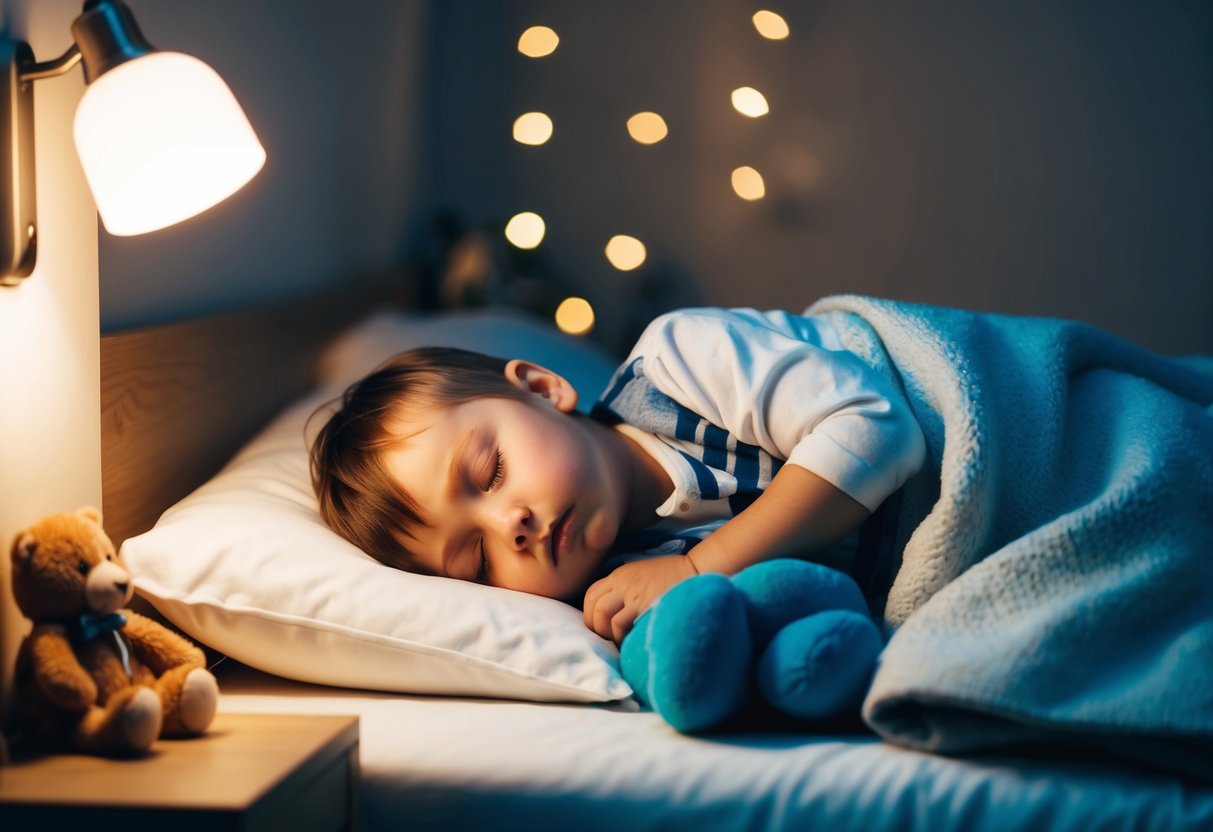 A child peacefully falling asleep in a cozy bed surrounded by comforting items like a stuffed animal, blanket, and dim nightlight