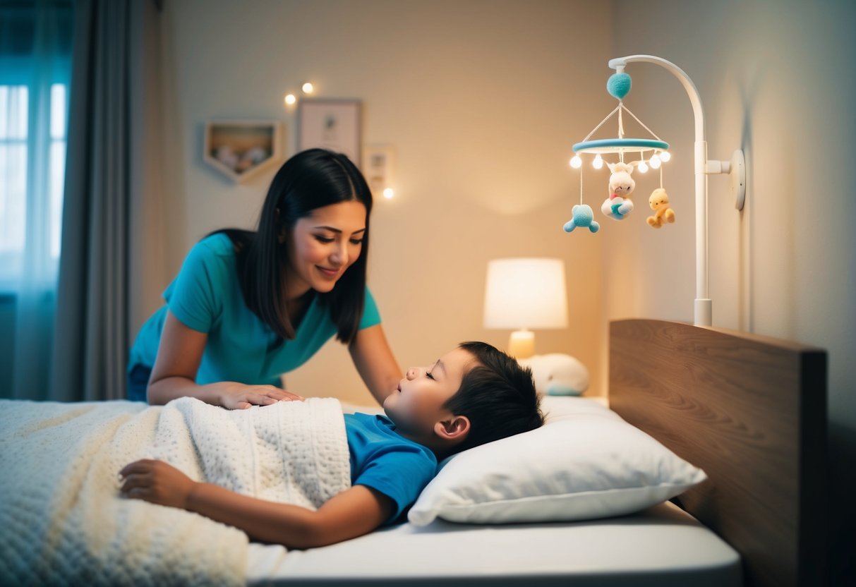 A cozy bedroom with soft lighting, a comfortable bed, and a soothing mobile hanging above. A parent gently guiding a child to lie down and close their eyes