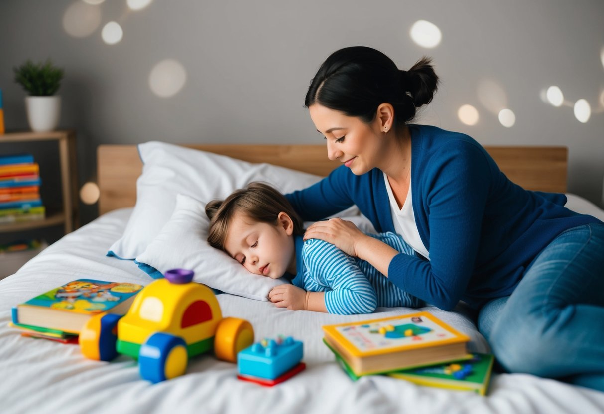 A child lying in bed, surrounded by toys and books. A parent sitting nearby, gently patting the child's back to help them fall asleep