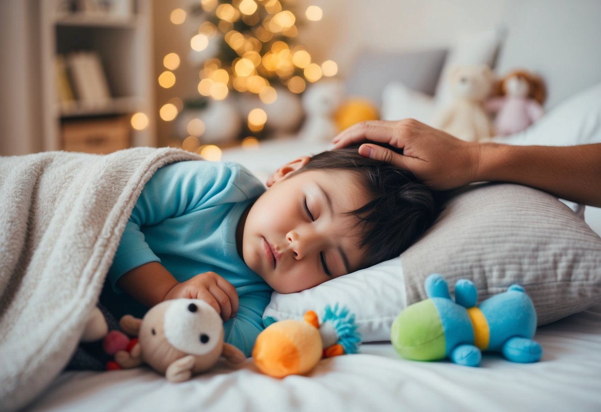 A child lying in bed, surrounded by soft toys and a cozy blanket, with a parent gently patting their back to help them fall asleep