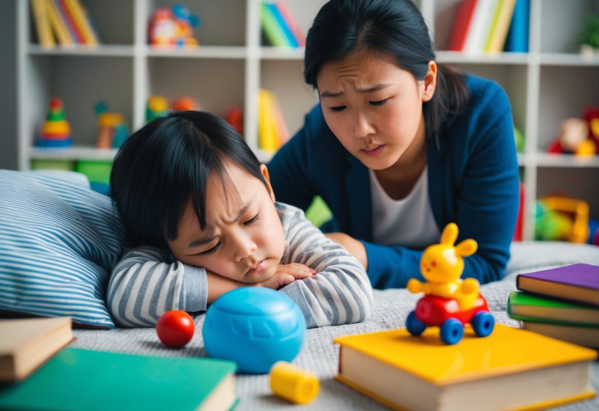 A child struggling to fall asleep, surrounded by toys and books. A parent stands nearby, looking concerned and trying to comfort the child