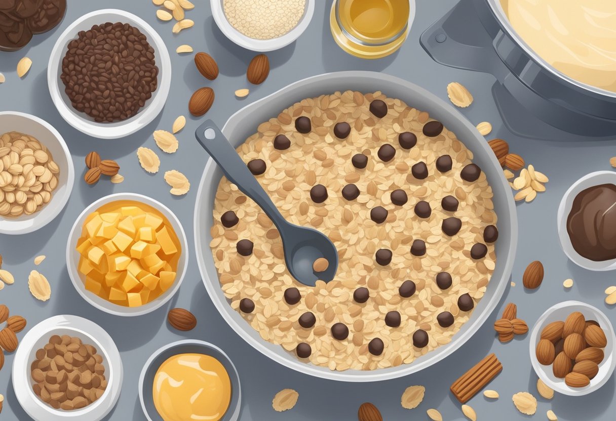 A kitchen countertop with ingredients like oats, chocolate chips, nuts, and honey laid out. A mixing bowl and a food processor are visible, along with a tray of finished energy bites