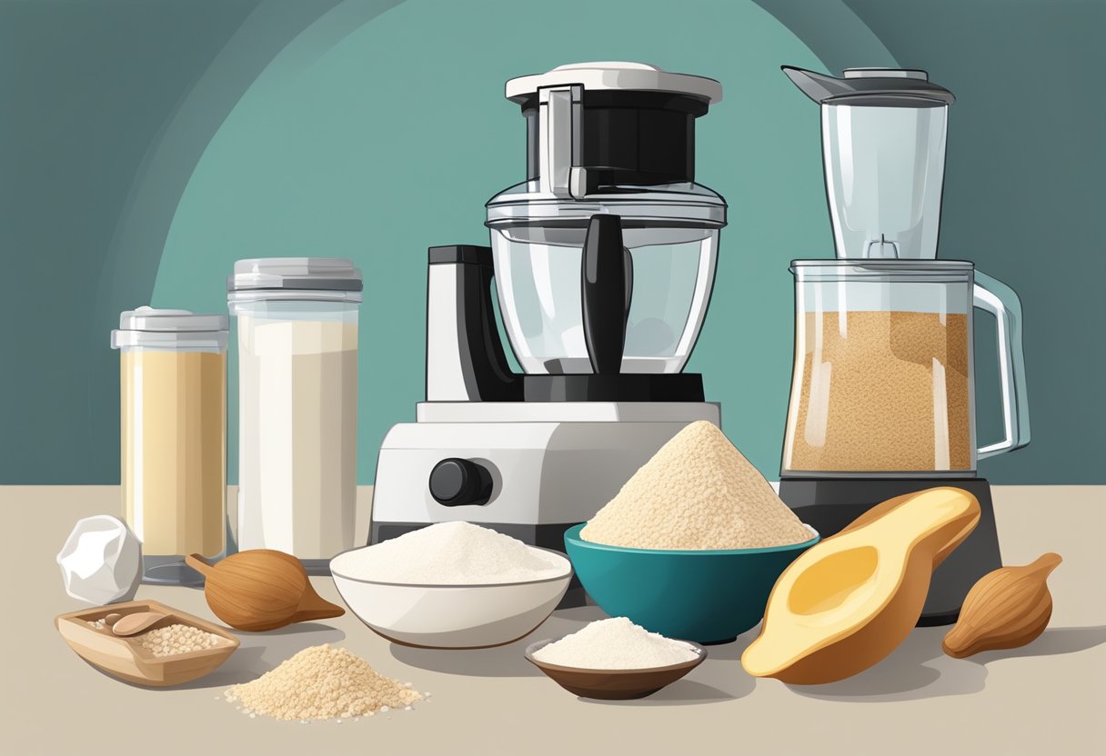 A kitchen counter with ingredients like coconut, cashews, and protein powder laid out, along with a mixing bowl and a food processor