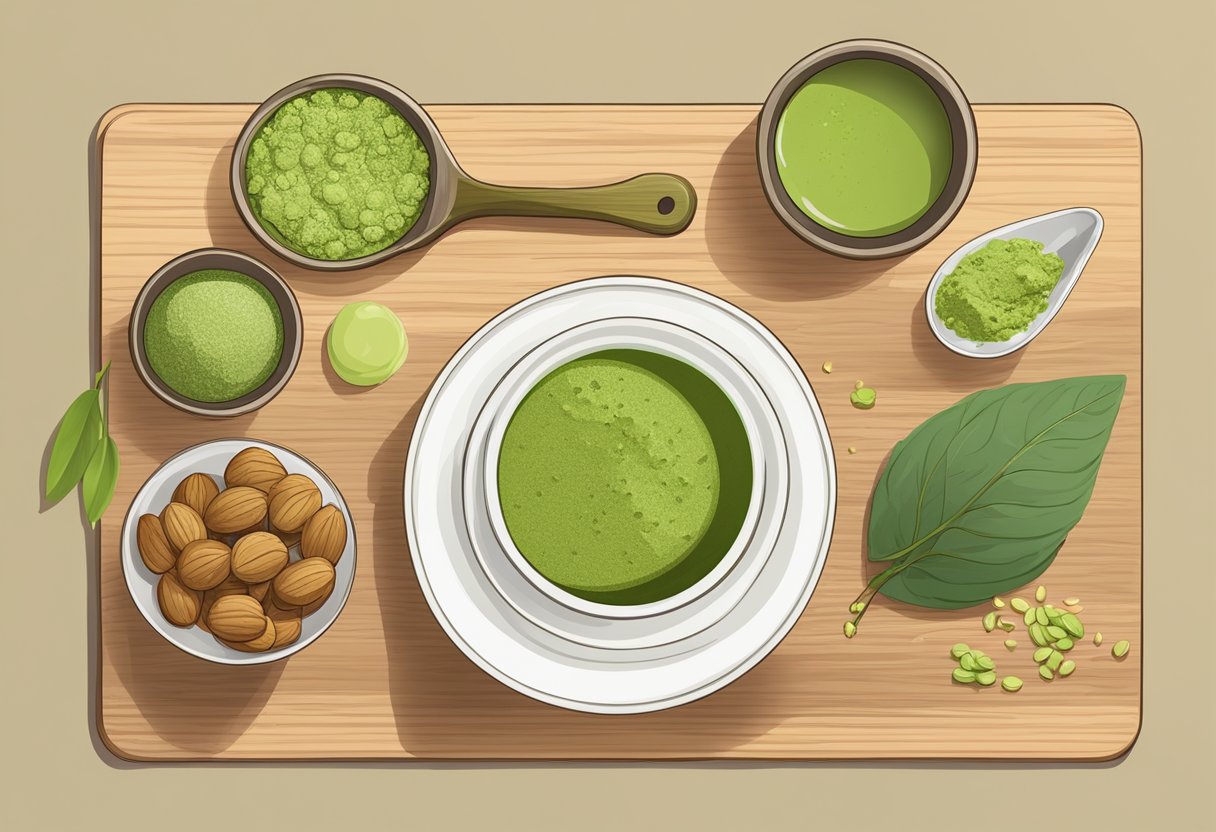 A wooden cutting board with various ingredients such as matcha powder, protein powder, and nuts. A mixing bowl with a spoon and a tray of rolled matcha green tea protein bites