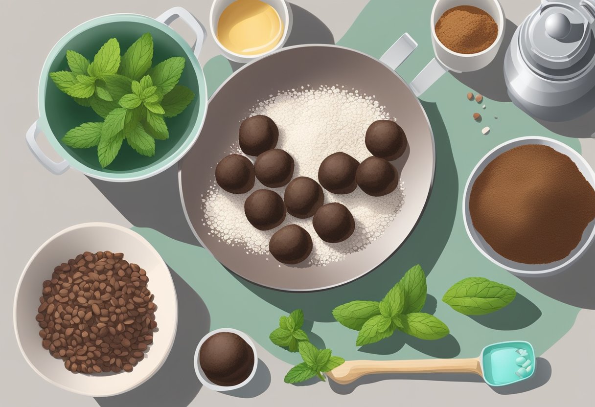 A kitchen counter with ingredients and utensils for making mint chocolate protein balls. A mixing bowl, measuring cups, cocoa powder, mint extract, and a plate of finished protein balls