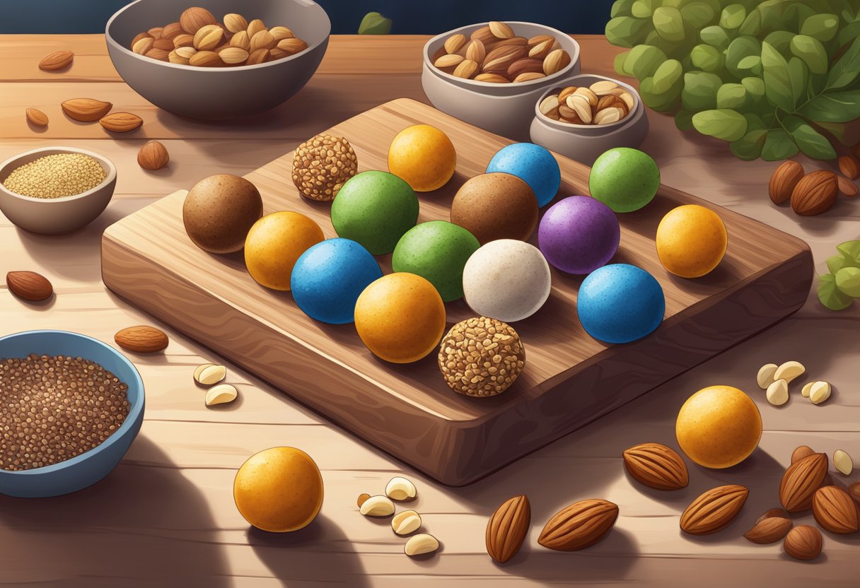 A colorful array of protein balls arranged on a wooden cutting board, surrounded by ingredients like nuts, seeds, and dried fruits. A soft, natural light illuminates the scene