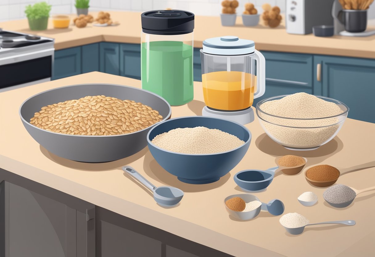 A kitchen counter with ingredients like oats, nuts, and protein powder laid out, along with a mixing bowl and measuring spoons. A food processor and a tray of finished protein balls sit nearby