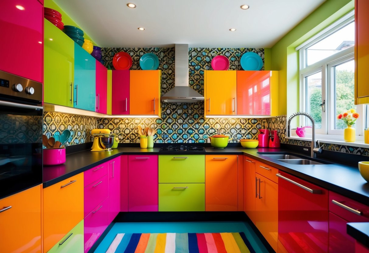 A vibrant kitchen with a mix of colorful cabinets, patterned backsplash, and bold accents. Bright pops of color in the form of kitchenware and decor add to the lively atmosphere