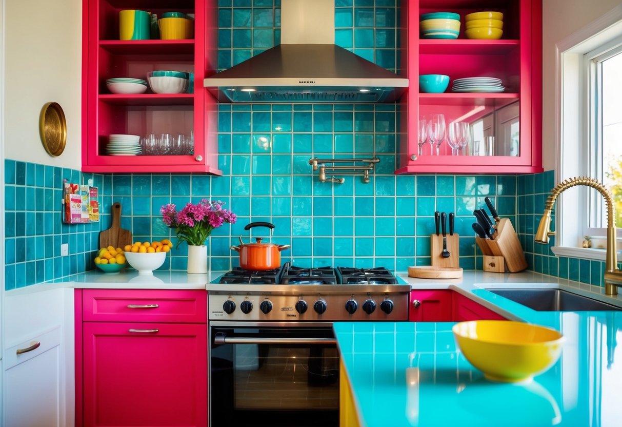 A vibrant kitchen with a turquoise tile backsplash, featuring 16 colorful kitchen ideas