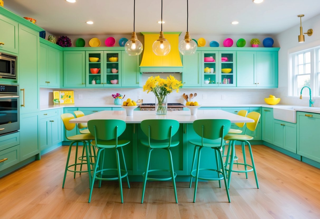 A bright and airy kitchen with mint green bar stools, surrounded by colorful cabinets and vibrant decor