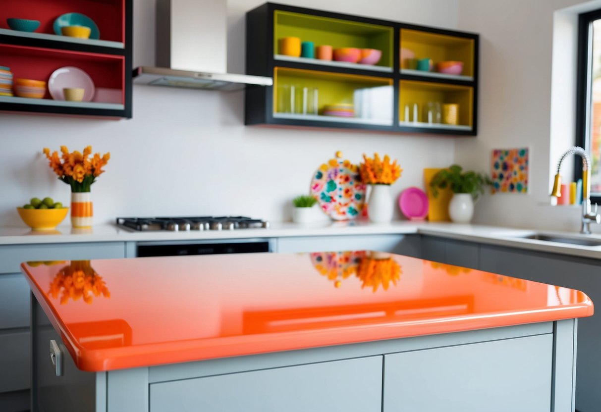 A vibrant coral countertop stands in a modern kitchen, surrounded by colorful accents and decor