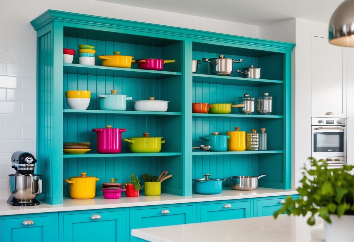 A bright teal open shelving unit filled with colorful kitchen items and cookware, set against a clean and modern kitchen backdrop