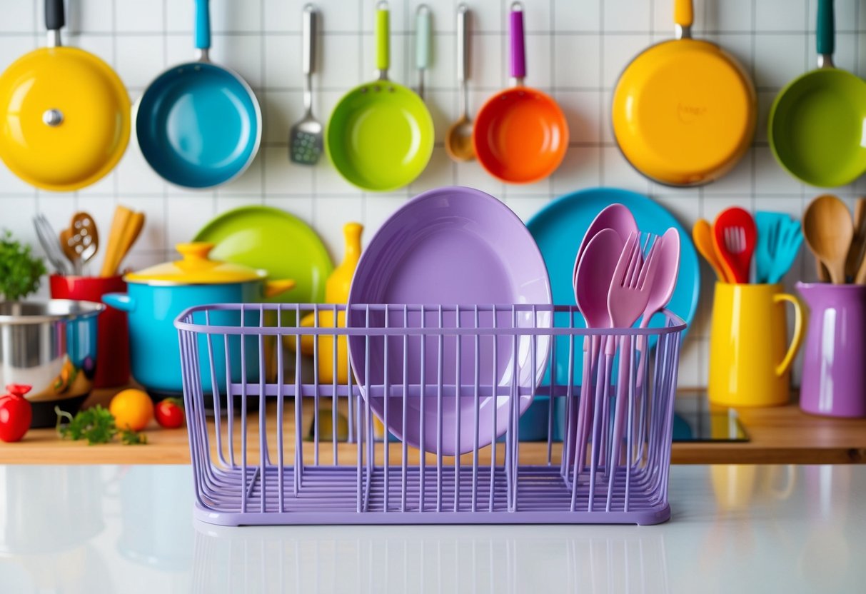 A vibrant lavender dish rack stands against a backdrop of 16 colorful kitchen ideas, with bright utensils and cookware adding to the lively atmosphere