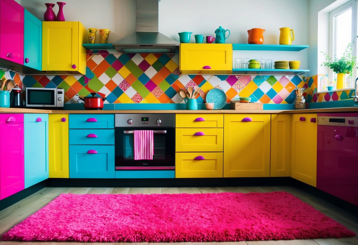 A hot pink kitchen rug lays in front of a colorful kitchen with vibrant cabinets, a patterned backsplash, and bright accessories