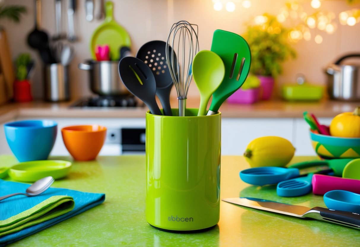 A lime green utensil holder sits on a vibrant kitchen countertop, surrounded by colorful kitchen tools and accessories