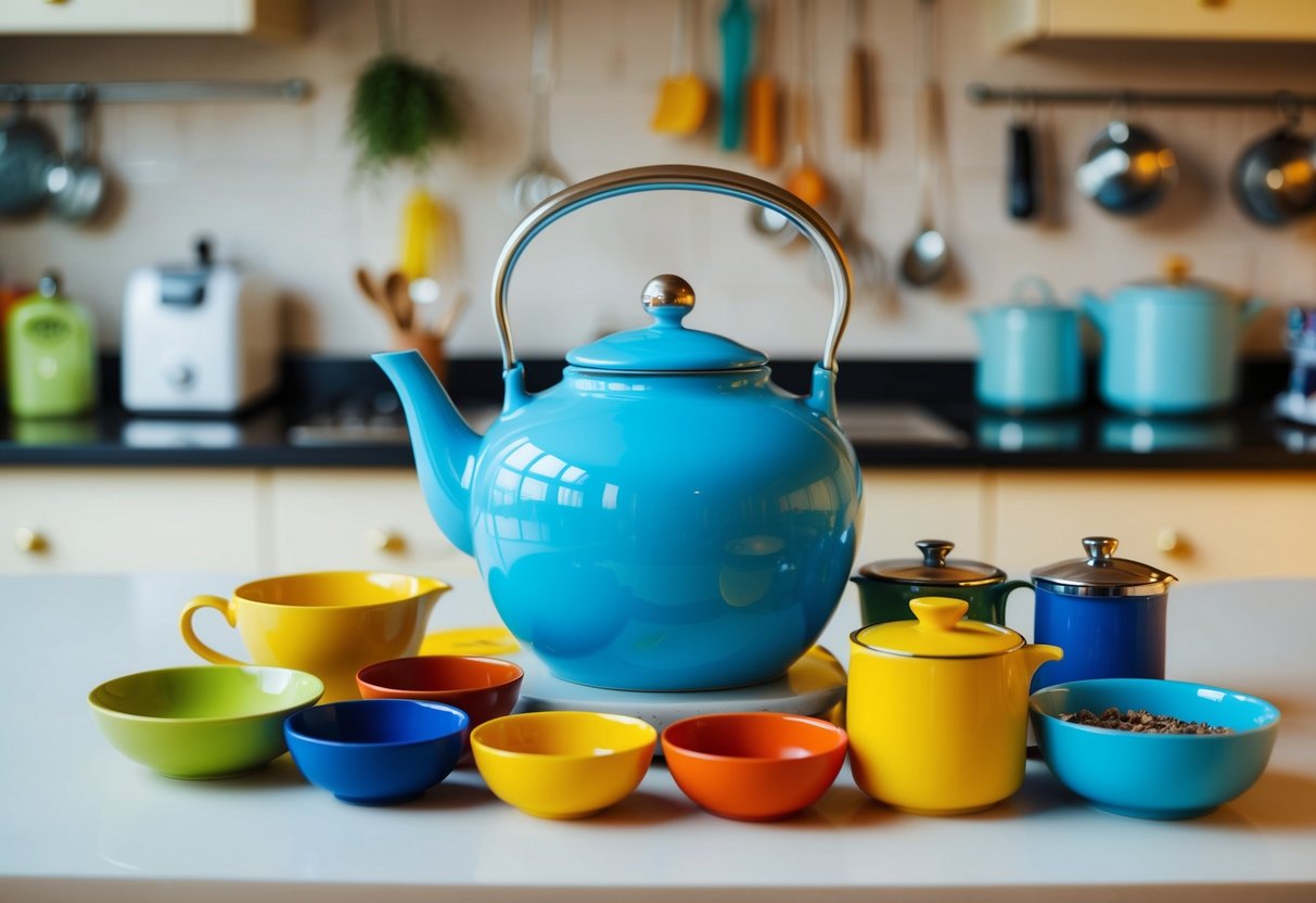 A sky blue teapot sits on a vibrant kitchen counter surrounded by 16 colorful kitchen items