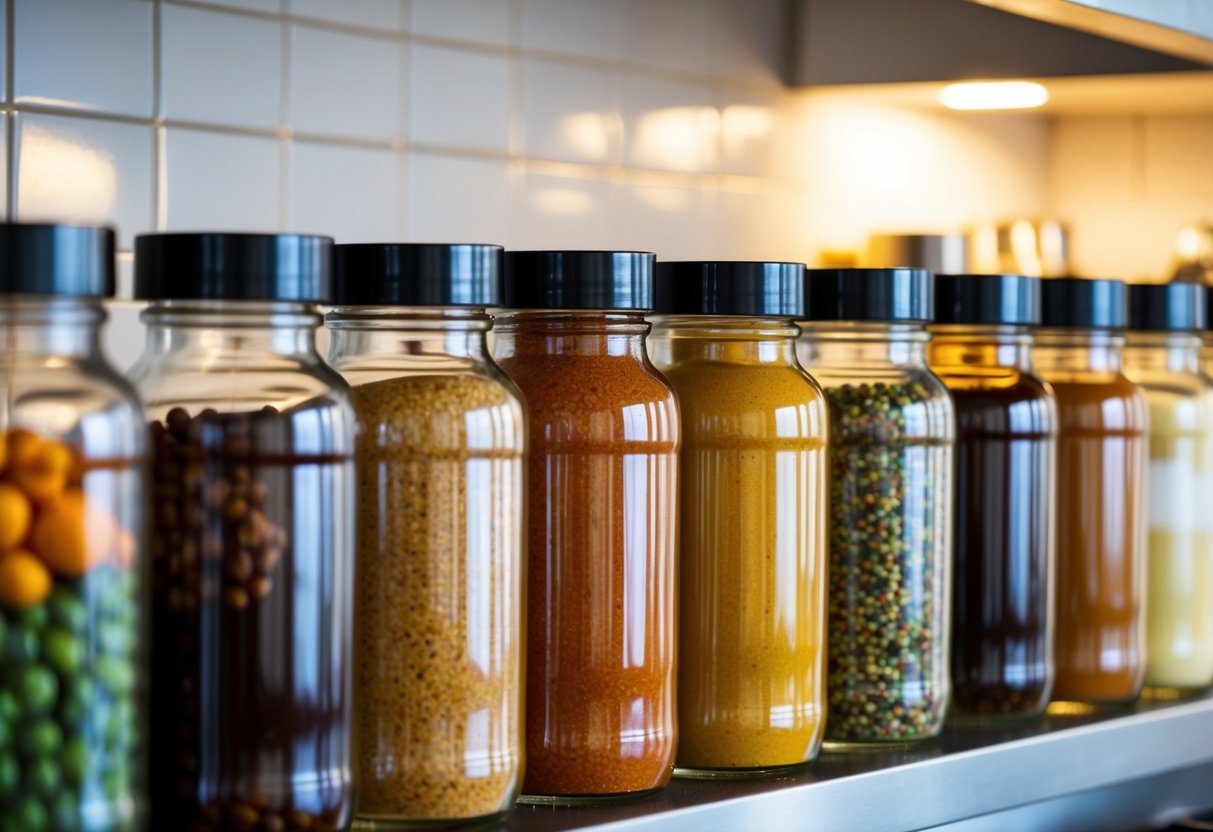 A row of 16 amber glass jars filled with colorful spices and ingredients lined up neatly on a kitchen shelf