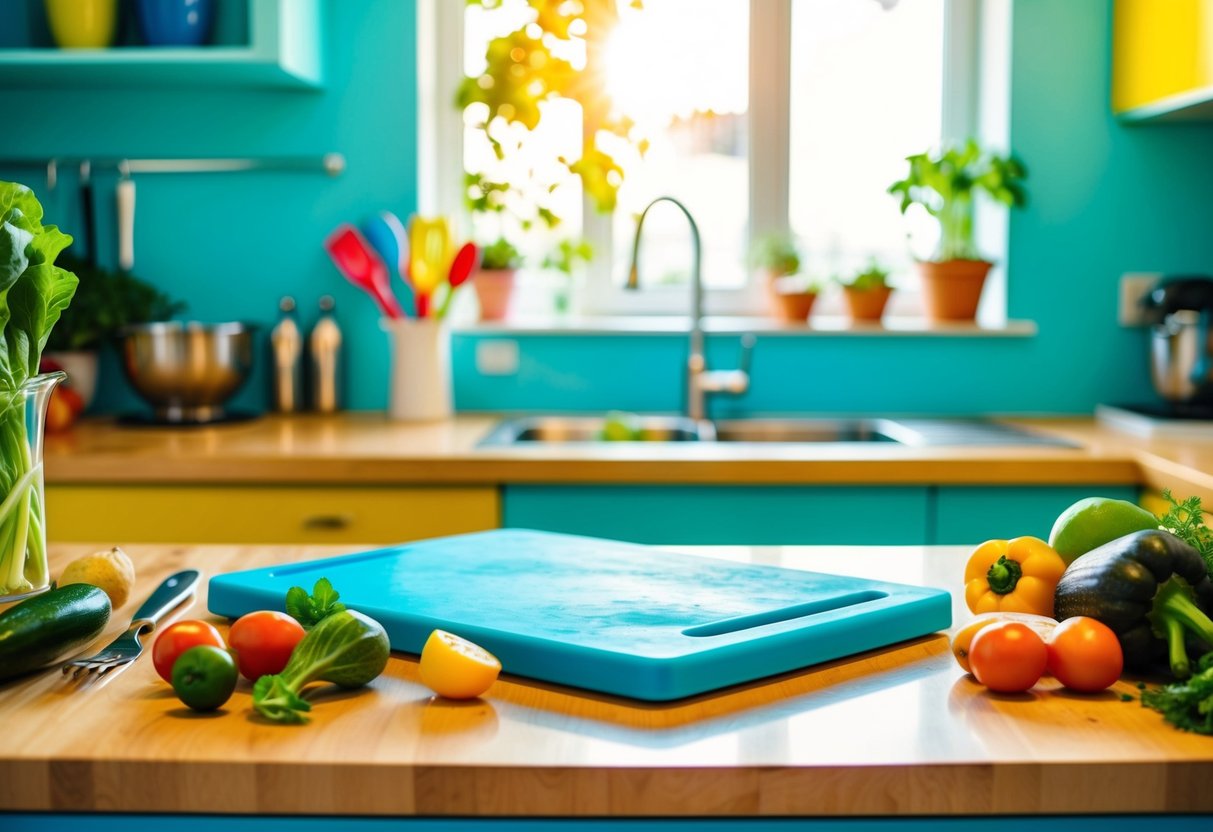 A cerulean cutting board sits on a vibrant kitchen counter, surrounded by colorful utensils and fresh produce. The sun streams in through a window, casting warm light on the scene