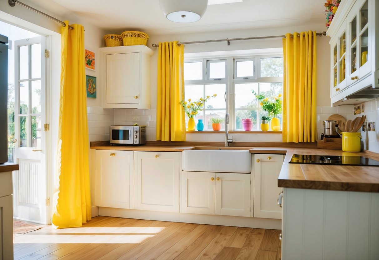 A bright kitchen with lemon-colored curtains, colorful decor, and natural light streaming in