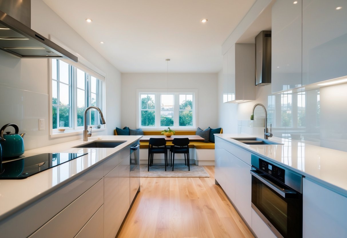 A bright, modern kitchen with sleek countertops, stainless steel appliances, and a cozy breakfast nook. Natural light floods the space, illuminating the clean, minimalist design