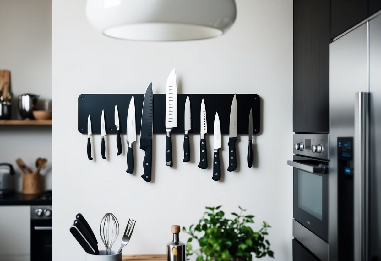 A kitchen wall with a magnetic knife strip holding various knives and utensils, surrounded by modern kitchen decor and appliances