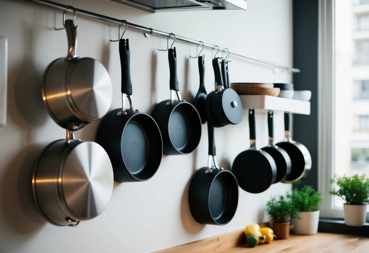 Pots and pans hanging from hooks on a kitchen wall, neatly organized and ready for use in a cozy apartment kitchen