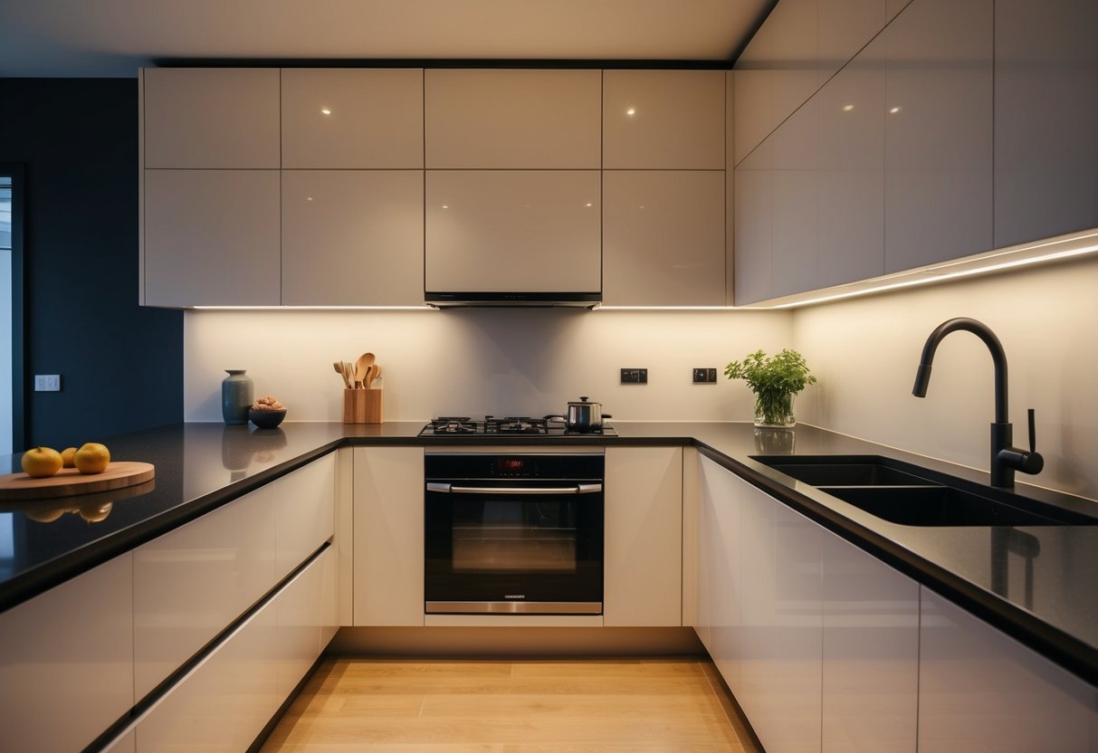 A modern kitchen with sleek under-cabinet lighting, illuminating the countertops and creating a warm, inviting atmosphere