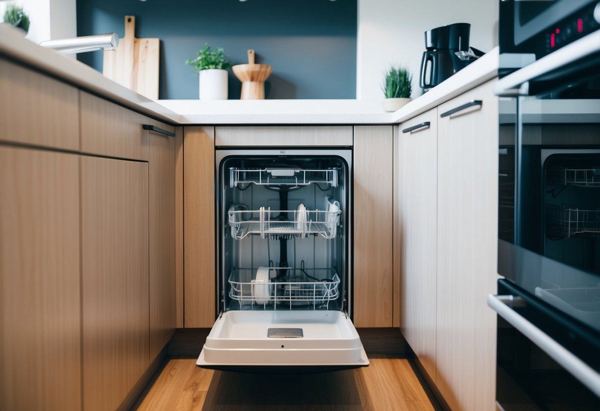 A compact dishwasher sits neatly beneath the countertop in a small apartment kitchen, surrounded by modern appliances and sleek cabinetry