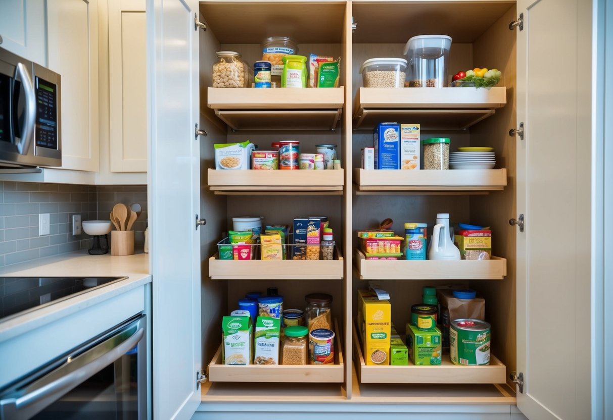 A kitchen with pull-out pantry shelves filled with neatly organized food items and kitchen supplies. A compact and efficient storage solution for a small apartment kitchen