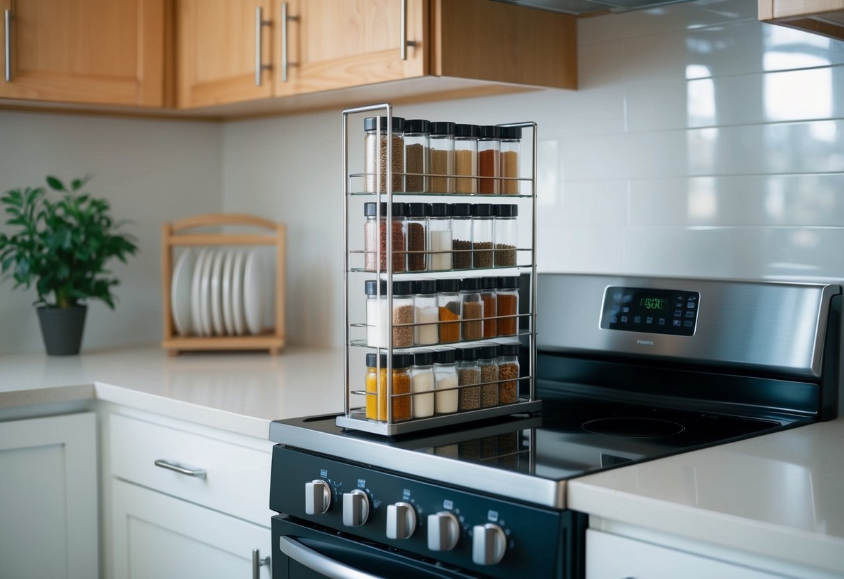 A slim pull-out spice rack is neatly organized in a small apartment kitchen, nestled between the stove and the countertop