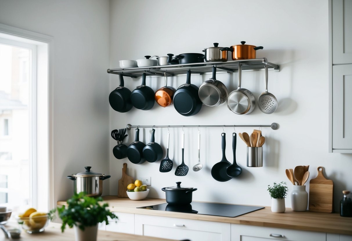 A clutter-free kitchen with wall-mounted pot racks displaying an array of cookware and utensils. Bright and airy space with minimalistic decor