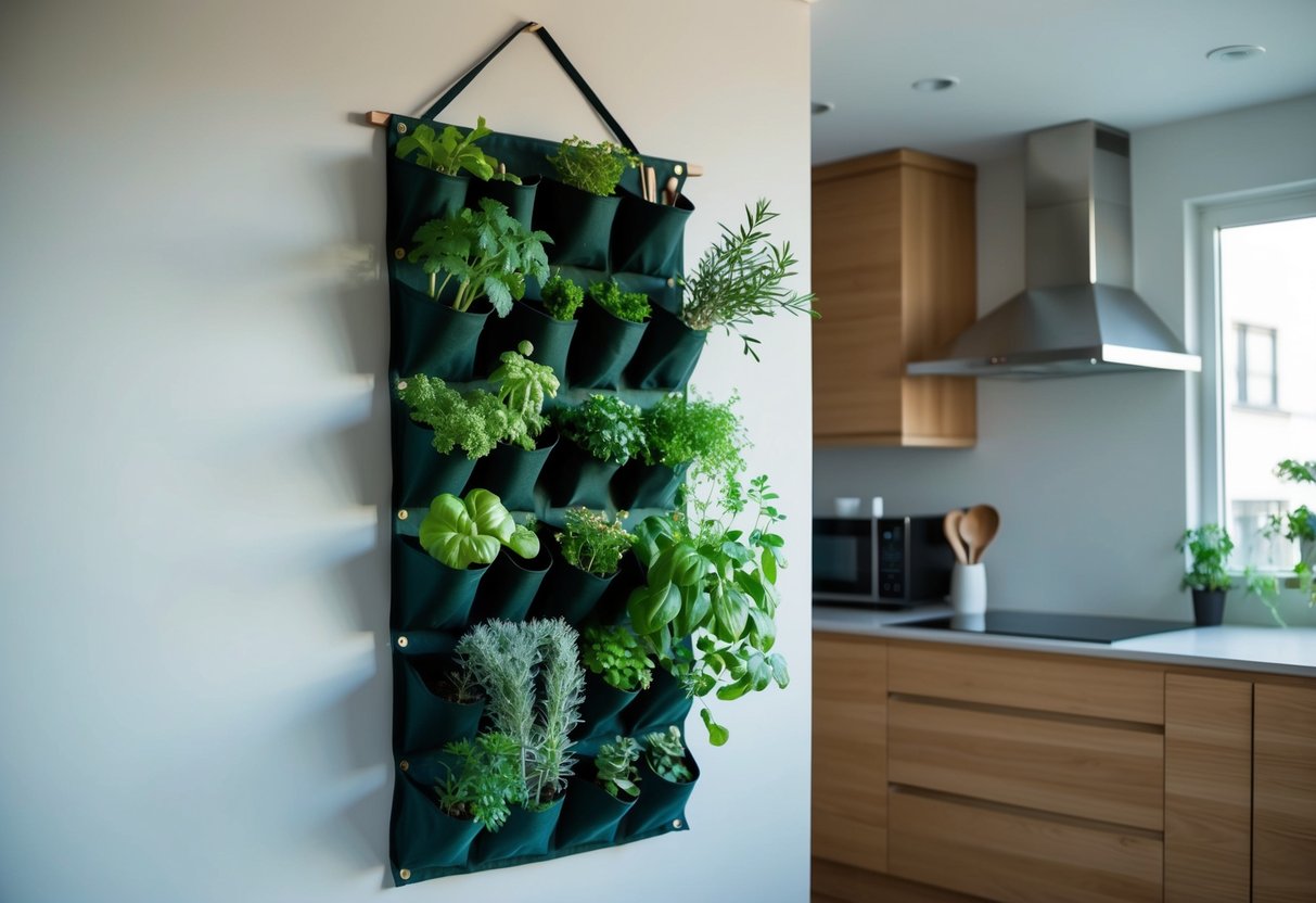 A vertical herb garden hangs on the wall in a modern apartment kitchen, with various herbs growing in individual pockets