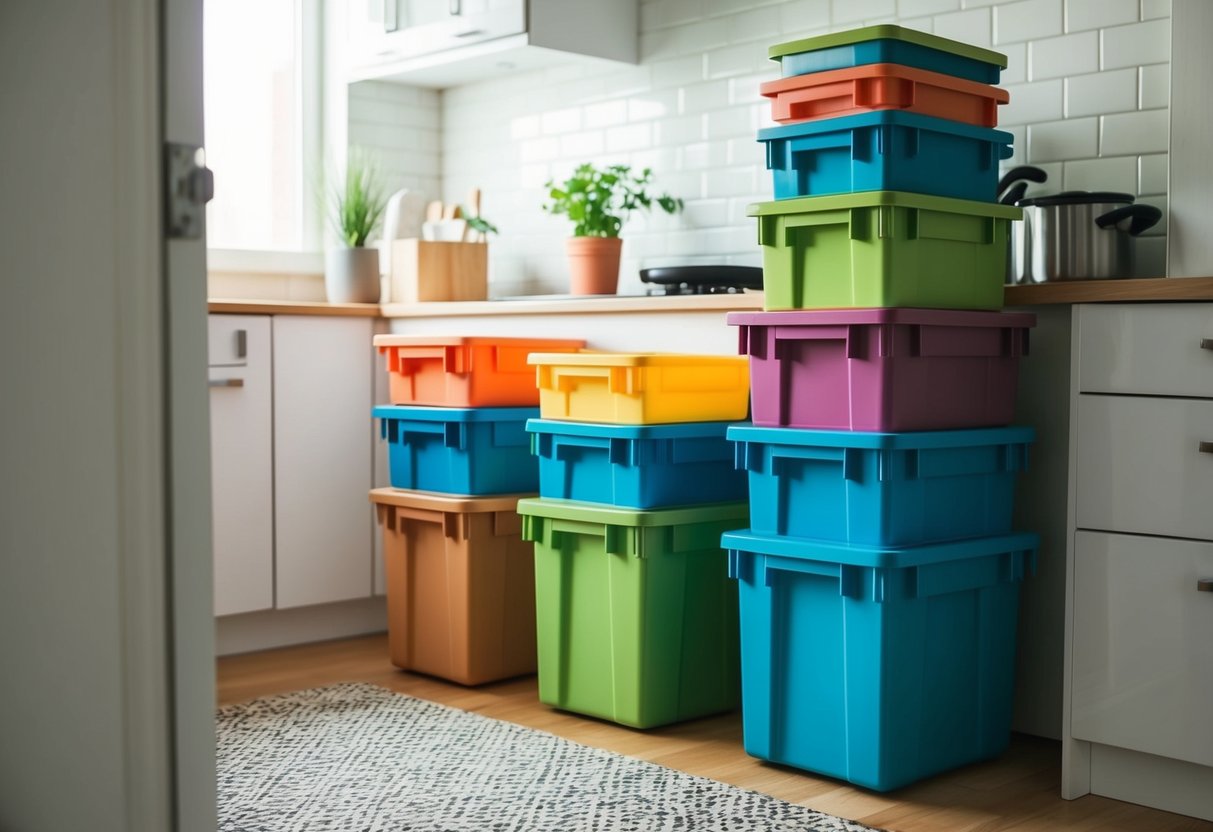 Stackable storage bins neatly organized in a small apartment kitchen, with various sizes and colors, creating a space-saving and visually appealing storage solution