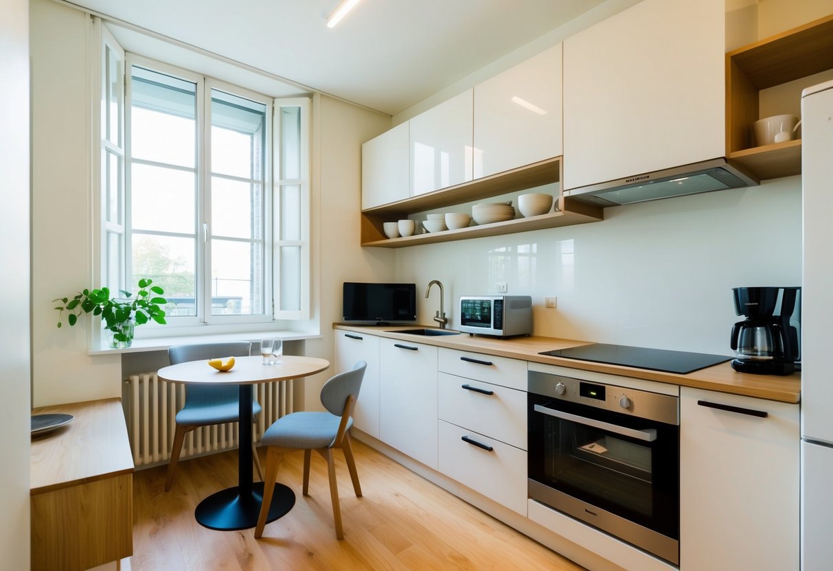 A cozy apartment kitchen with modern appliances, open shelving, and a small dining area. Bright natural light streams in through a window, illuminating the clean, minimalist design