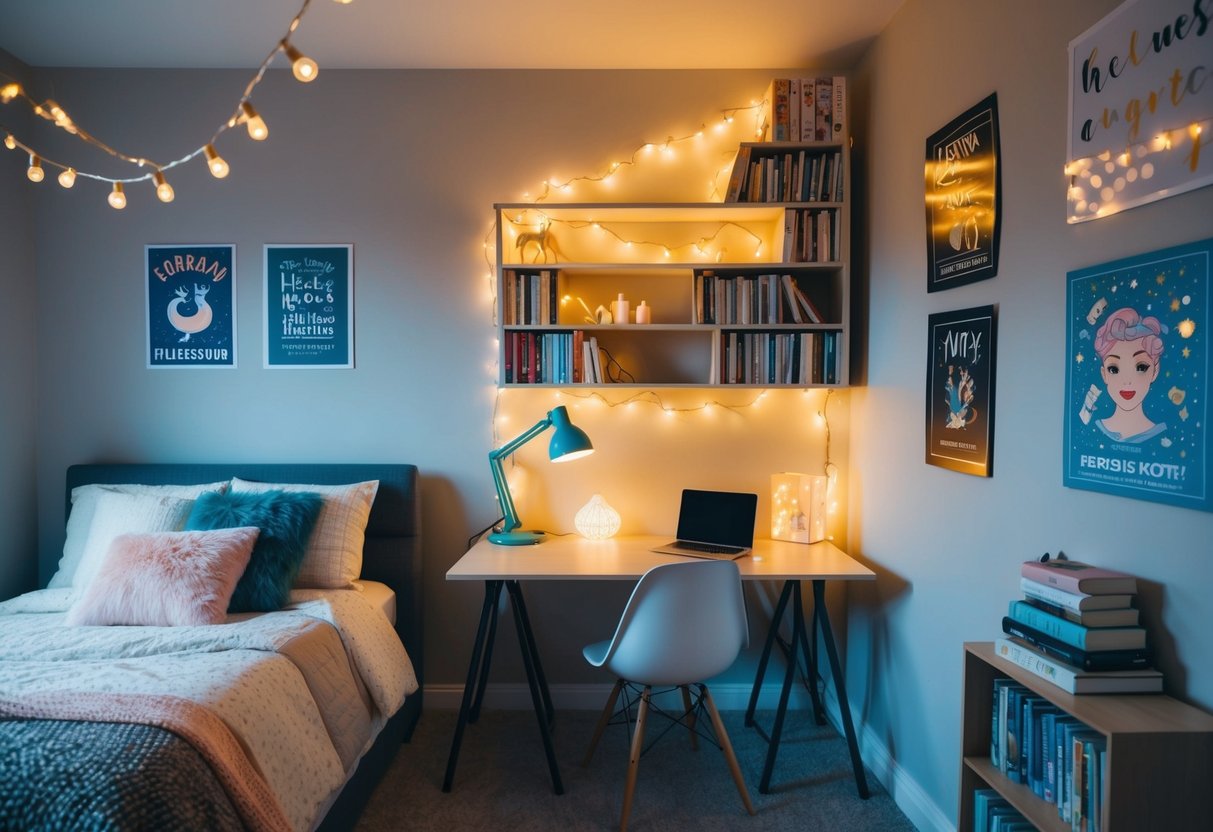 A cozy bedroom with fairy lights, a bookshelf, cozy bedding, and a desk for studying. Posters and artwork decorate the walls, creating a personalized and inviting space for a teenage girl