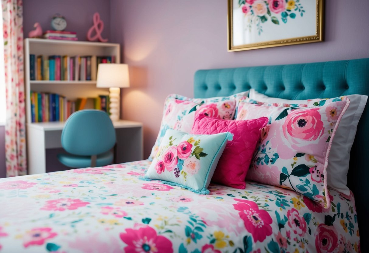 A cozy teenage girl's bedroom with a floral bedding set, soft pastel colors, and decorative pillows. A desk with a lamp and a bookshelf can be seen in the background