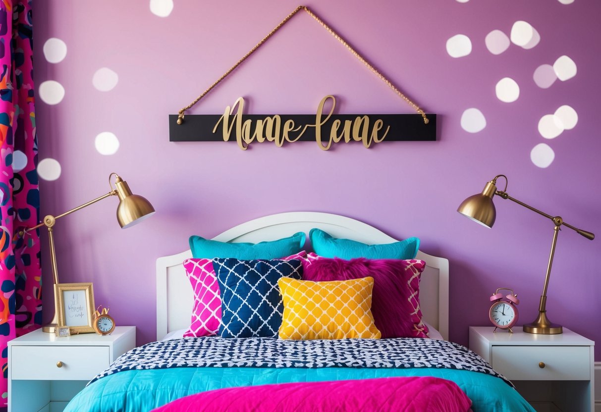 A personalized name sign hangs above a stylish and modern teenage girl's bedroom. The room features trendy decor and vibrant colors, creating a fun and inviting space