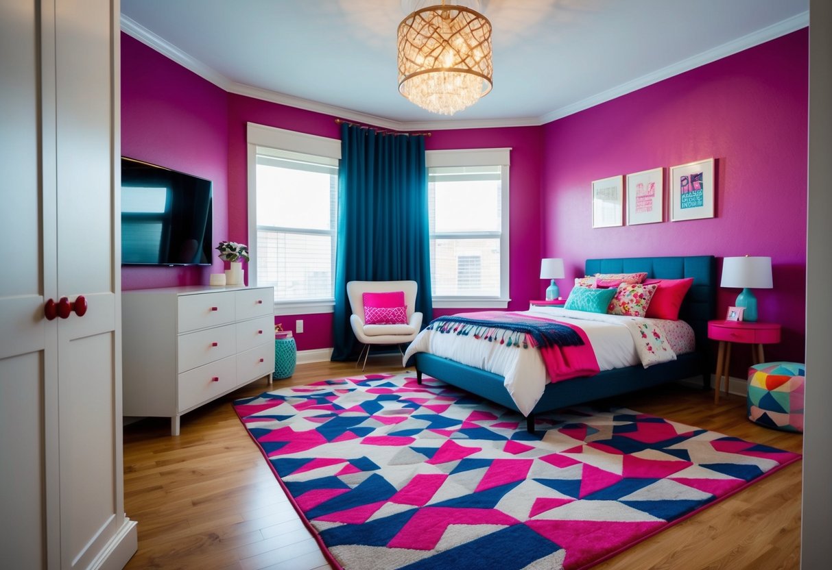 A teenage girl's bedroom with a geometric area rug as the focal point. The room is stylishly decorated with modern furnishings and vibrant colors