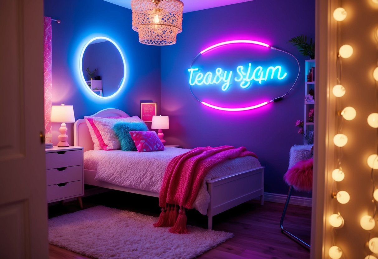 A cozy teenage girl's bedroom with a vibrant LED neon sign glowing on the wall, surrounded by stylish decor and soft lighting