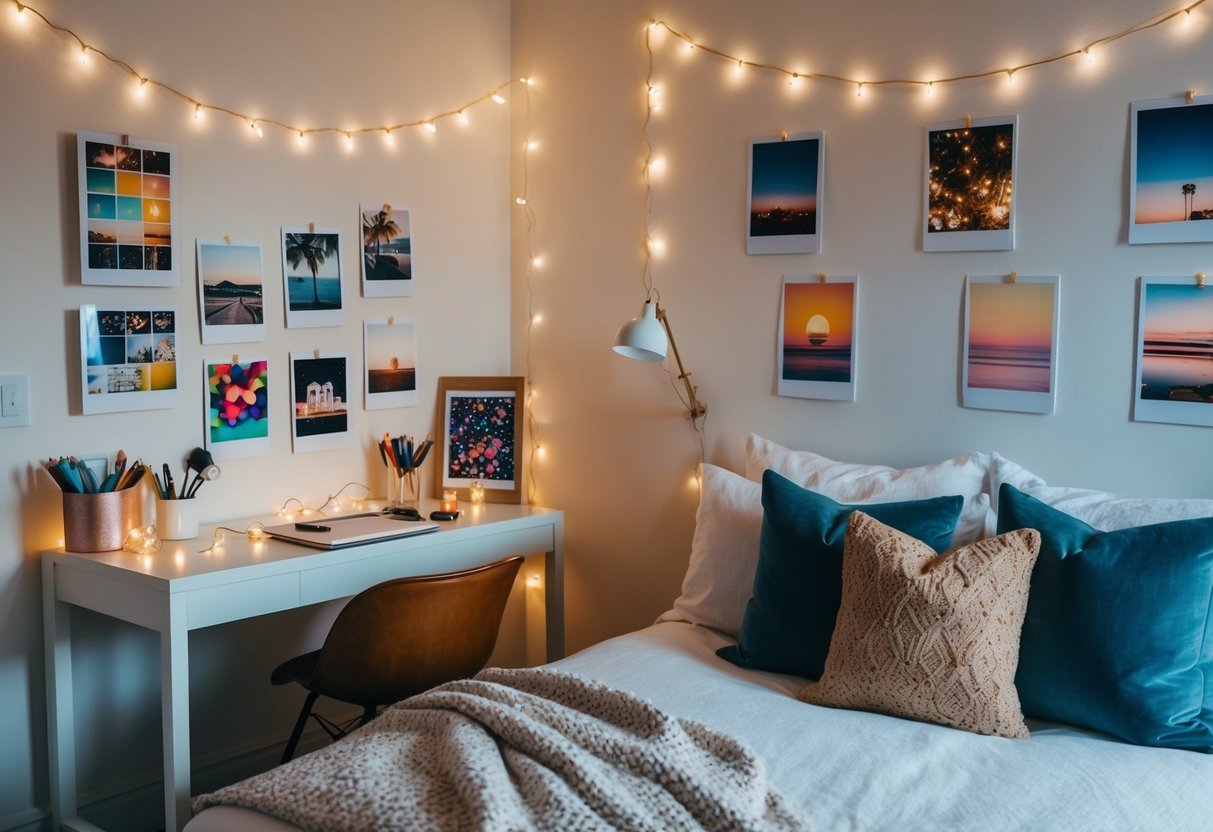 A cozy bedroom with fairy lights, polaroid photos, and colorful prints on the wall. A desk with art supplies and a comfy bed with throw pillows