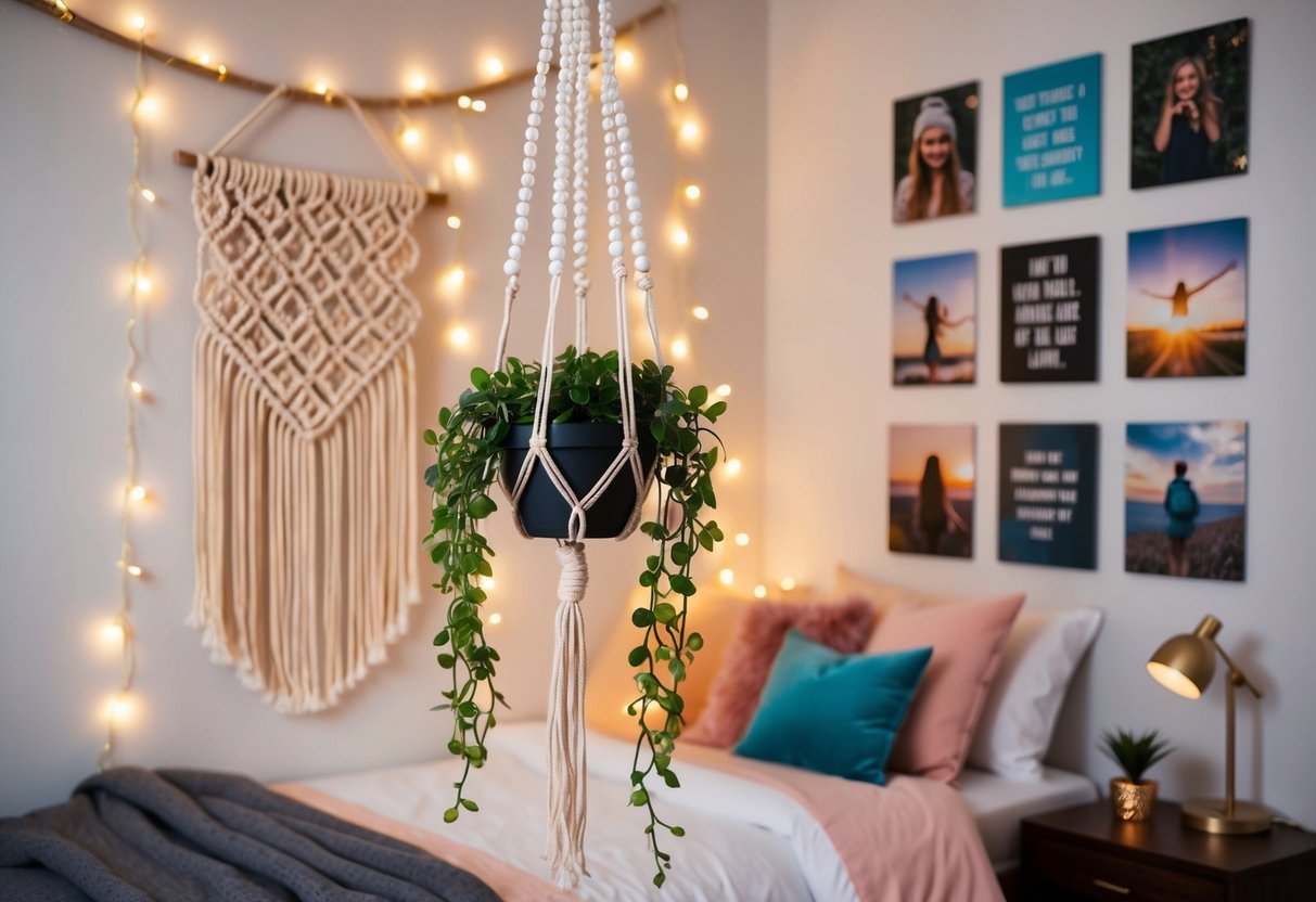 A string of pearls plant hangs from a macrame hanger in a cozy teenage girl's bedroom, surrounded by fairy lights, cozy bedding, and a gallery wall of inspirational quotes and photos