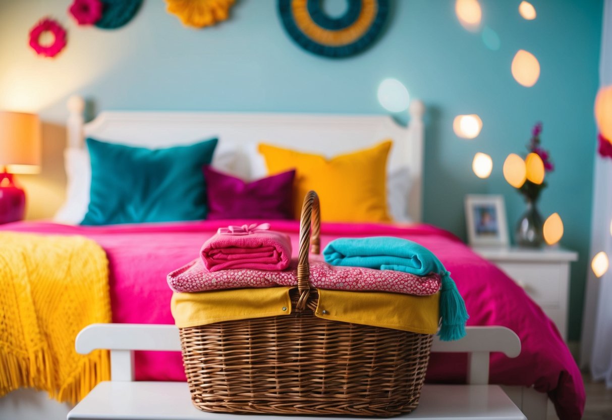 A cozy bedroom with a cute hamper, vibrant colors, and trendy decor