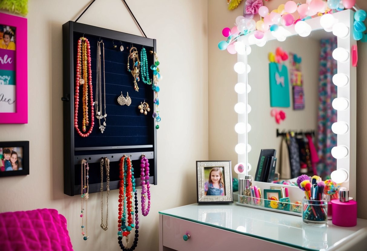 A wall-mounted jewelry organizer hangs beside a mirrored vanity in a teenage girl's bedroom, surrounded by colorful decor and personal mementos