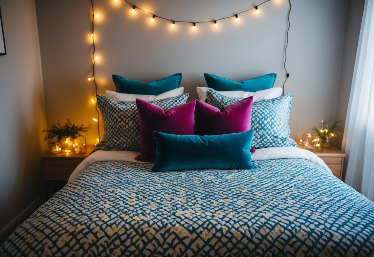 A cozy bedroom with a patterned duvet cover on a neatly made bed, surrounded by colorful throw pillows and fairy lights