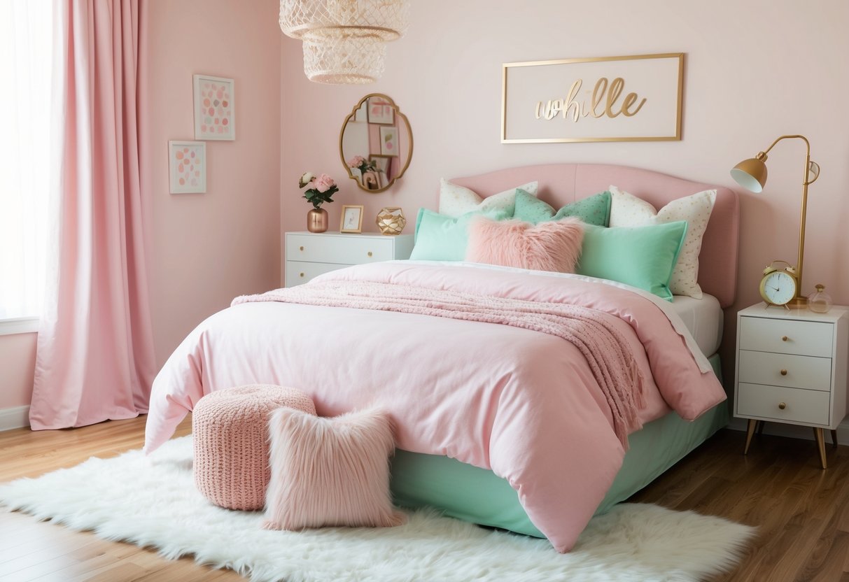 A cozy teenage girl's bedroom with pastel pink, mint green, and gold accents. A fluffy rug and soft throw pillows complement the color palette